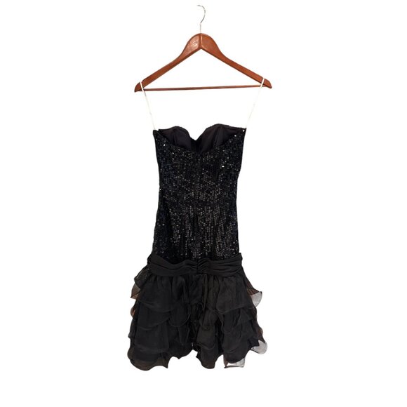 Vintage Nadine Black Sequin Strapless Ruffled Cocktail Dress With Bow Detail - Picture 1 of 10